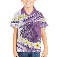 Purple Hawaii Shark Tattoo Family Matching Off The Shoulder Long Sleeve Dress and Hawaiian Shirt Frangipani With Polynesian Pastel Version LT14 Son's Shirt Purple - Polynesian Pride