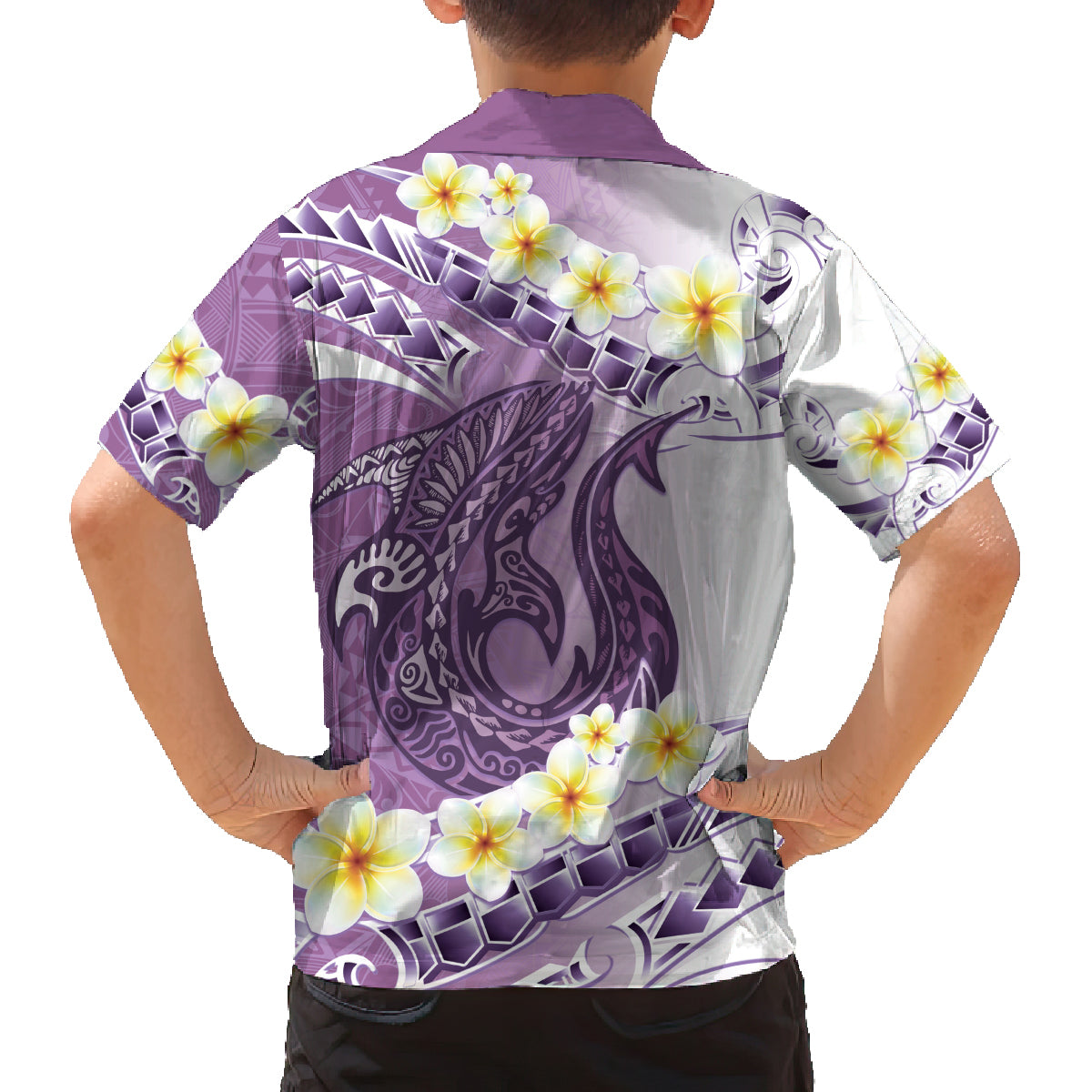 Purple Hawaii Shark Tattoo Family Matching Off Shoulder Short Dress and Hawaiian Shirt Frangipani With Polynesian Pastel Version