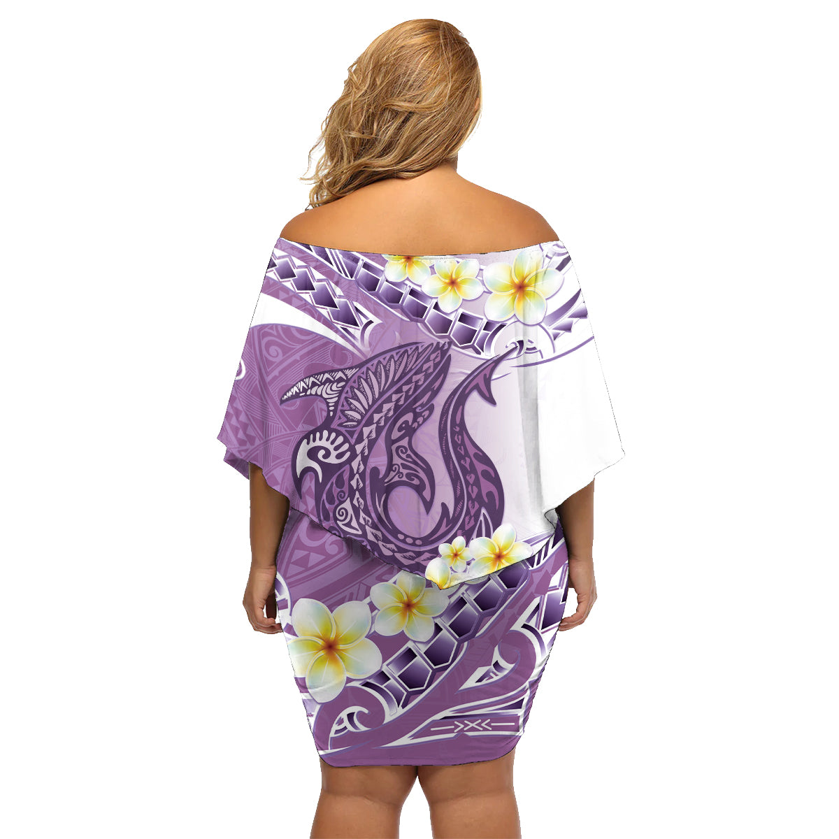 Purple Hawaii Shark Tattoo Family Matching Off Shoulder Short Dress and Hawaiian Shirt Frangipani With Polynesian Pastel Version
