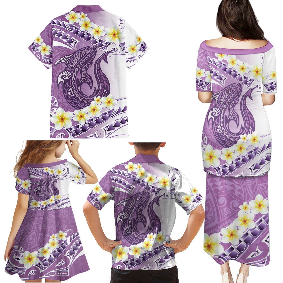 Purple Hawaii Shark Tattoo Family Matching Puletasi and Hawaiian Shirt Frangipani With Polynesian Pastel Version