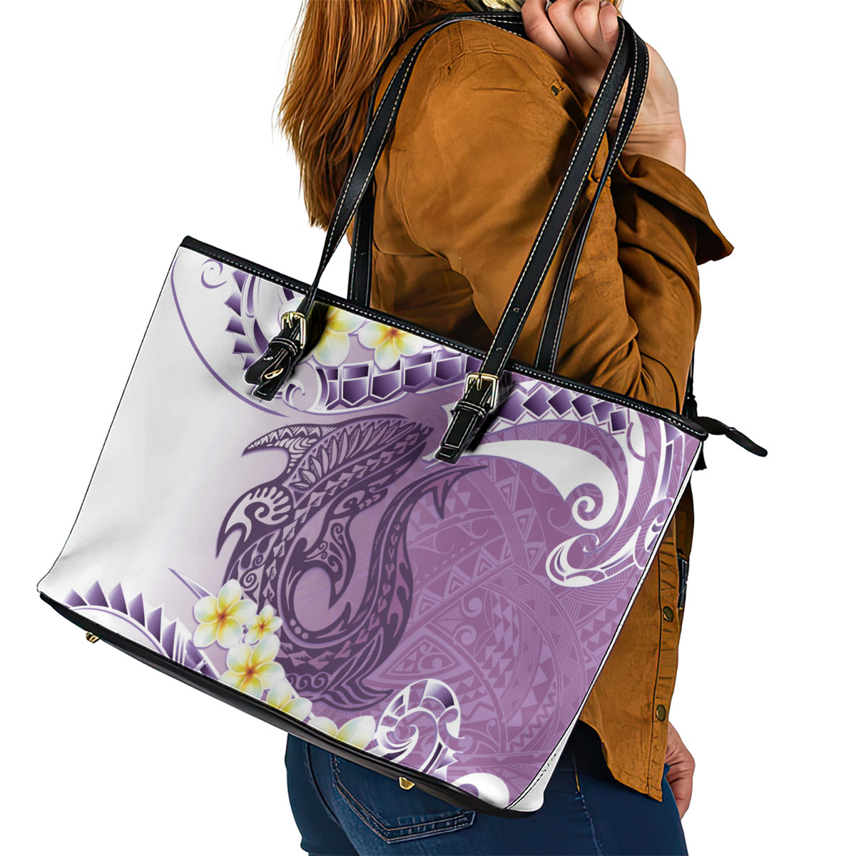 Purple Hawaii Shark Tattoo Leather Tote Bag Frangipani With Polynesian Pastel Version LT14 - Polynesian Pride