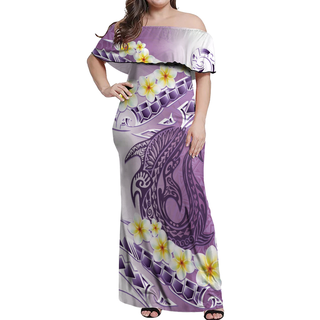 Purple Hawaii Shark Tattoo Off Shoulder Maxi Dress Frangipani With Polynesian Pastel Version