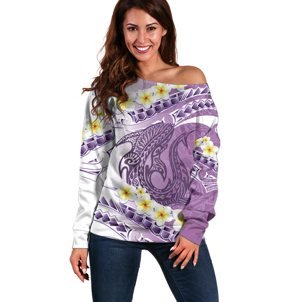 Purple Hawaii Shark Tattoo Off Shoulder Sweater Frangipani With Polynesian Pastel Version