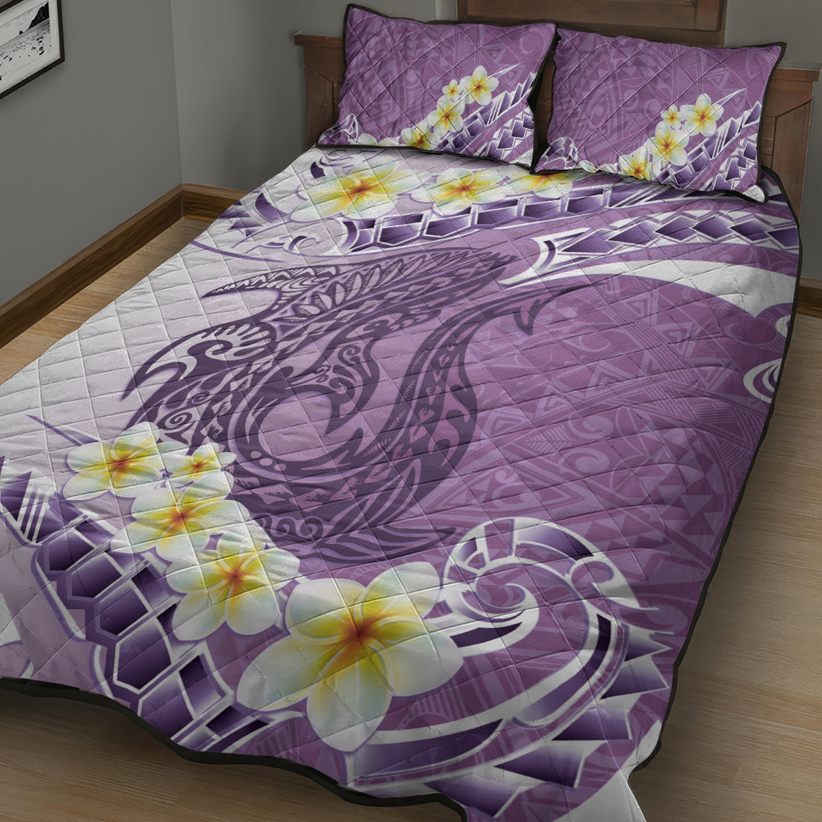 Purple Hawaii Shark Tattoo Quilt Bed Set Frangipani With Polynesian Pastel Version LT14 - Polynesian Pride