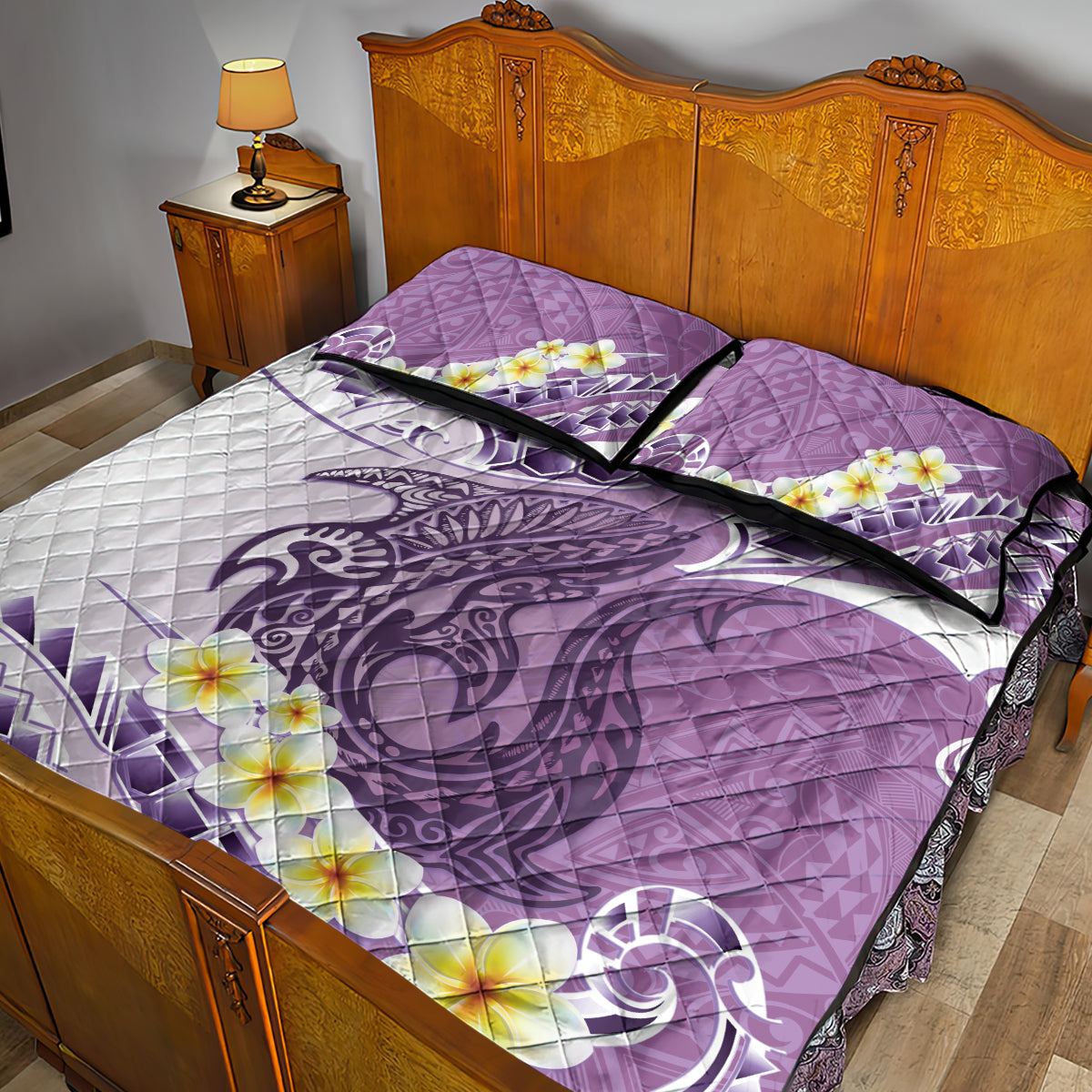 Purple Hawaii Shark Tattoo Quilt Bed Set Frangipani With Polynesian Pastel Version LT14 - Polynesian Pride