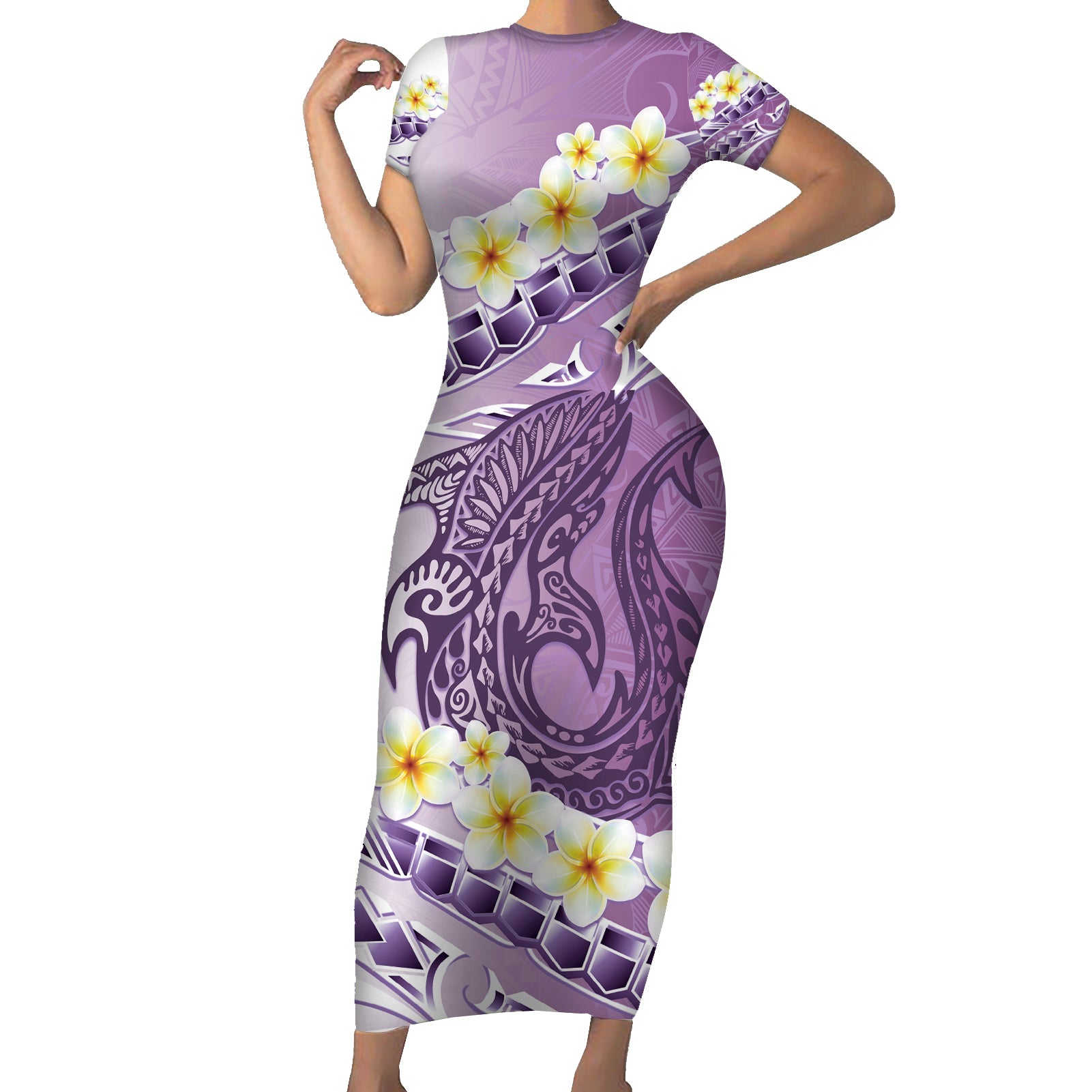 Purple Hawaii Shark Tattoo Short Sleeve Bodycon Dress Frangipani With Polynesian Pastel Version