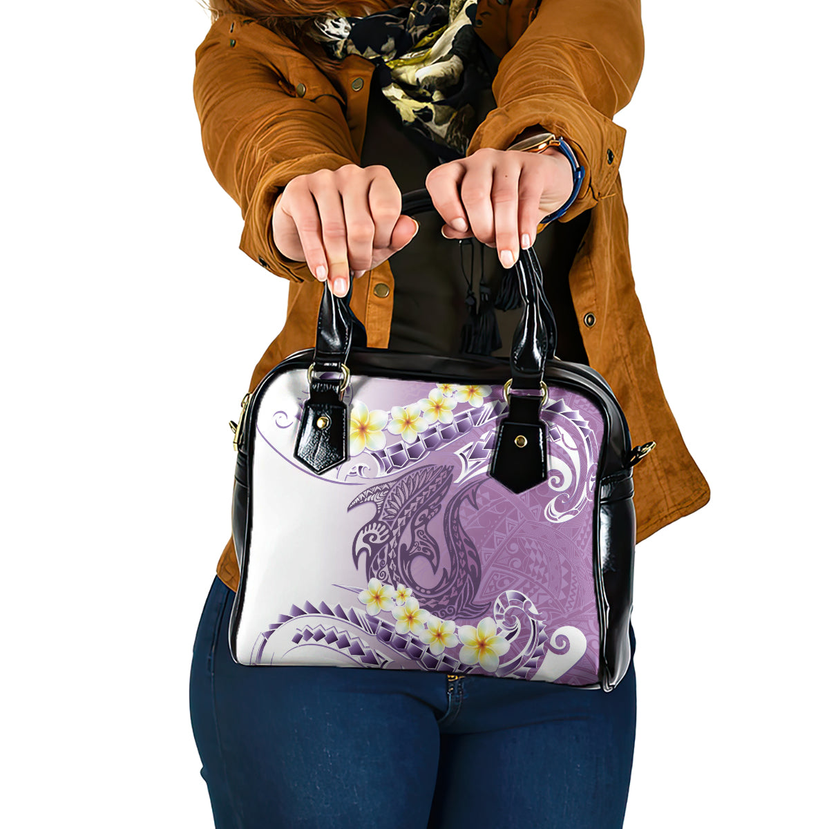 Purple Hawaii Shark Tattoo Shoulder Handbag Frangipani With Polynesian Pastel Version LT14 One Size Purple - Polynesian Pride