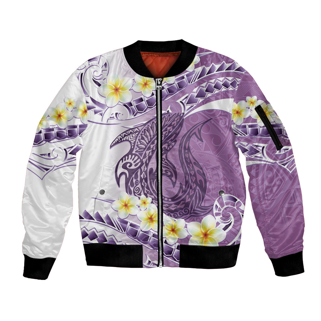 Purple Hawaii Shark Tattoo Sleeve Zip Bomber Jacket Frangipani With Polynesian Pastel Version