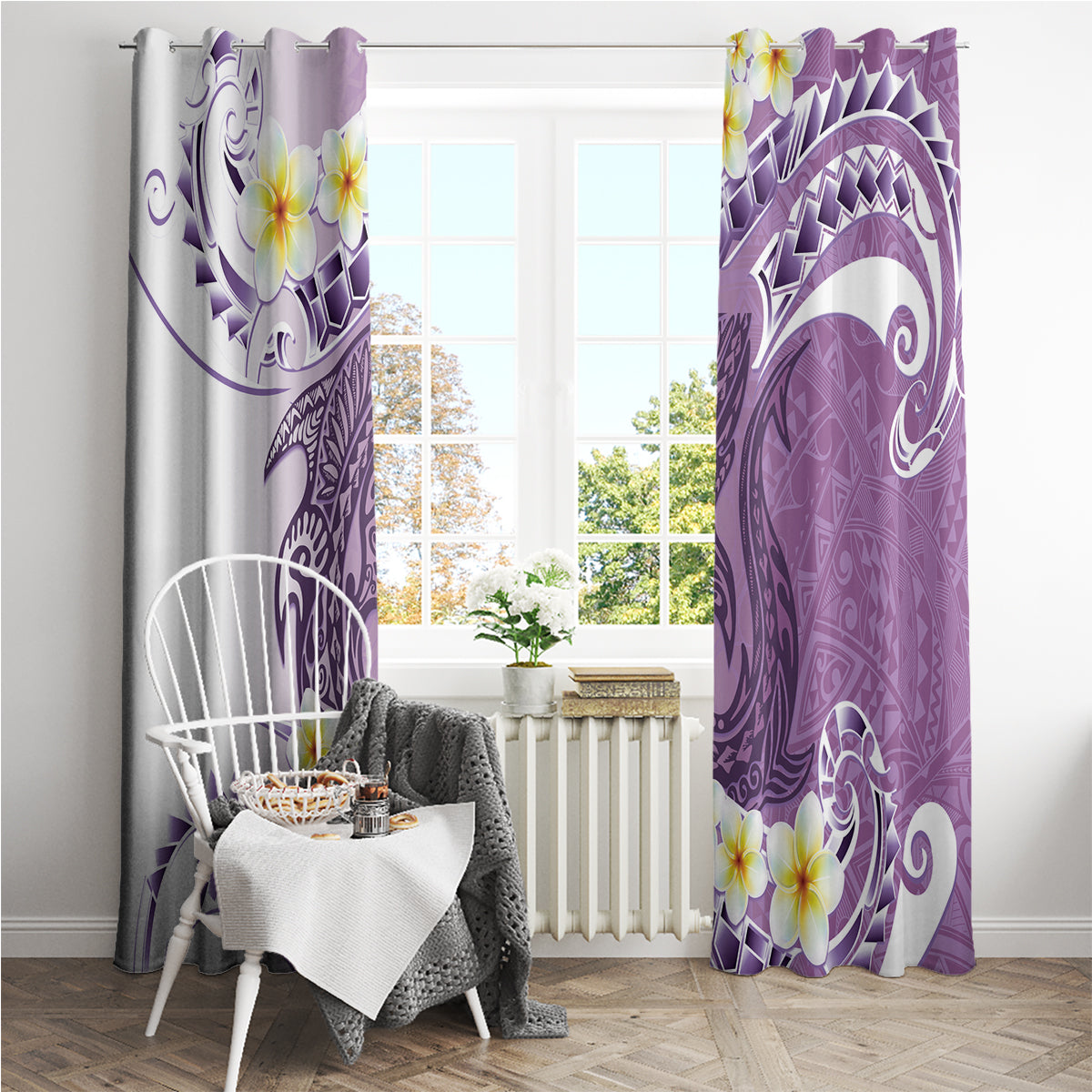 Purple Hawaii Shark Tattoo Window Curtain Frangipani With Polynesian Pastel Version LT14 - Polynesian Pride