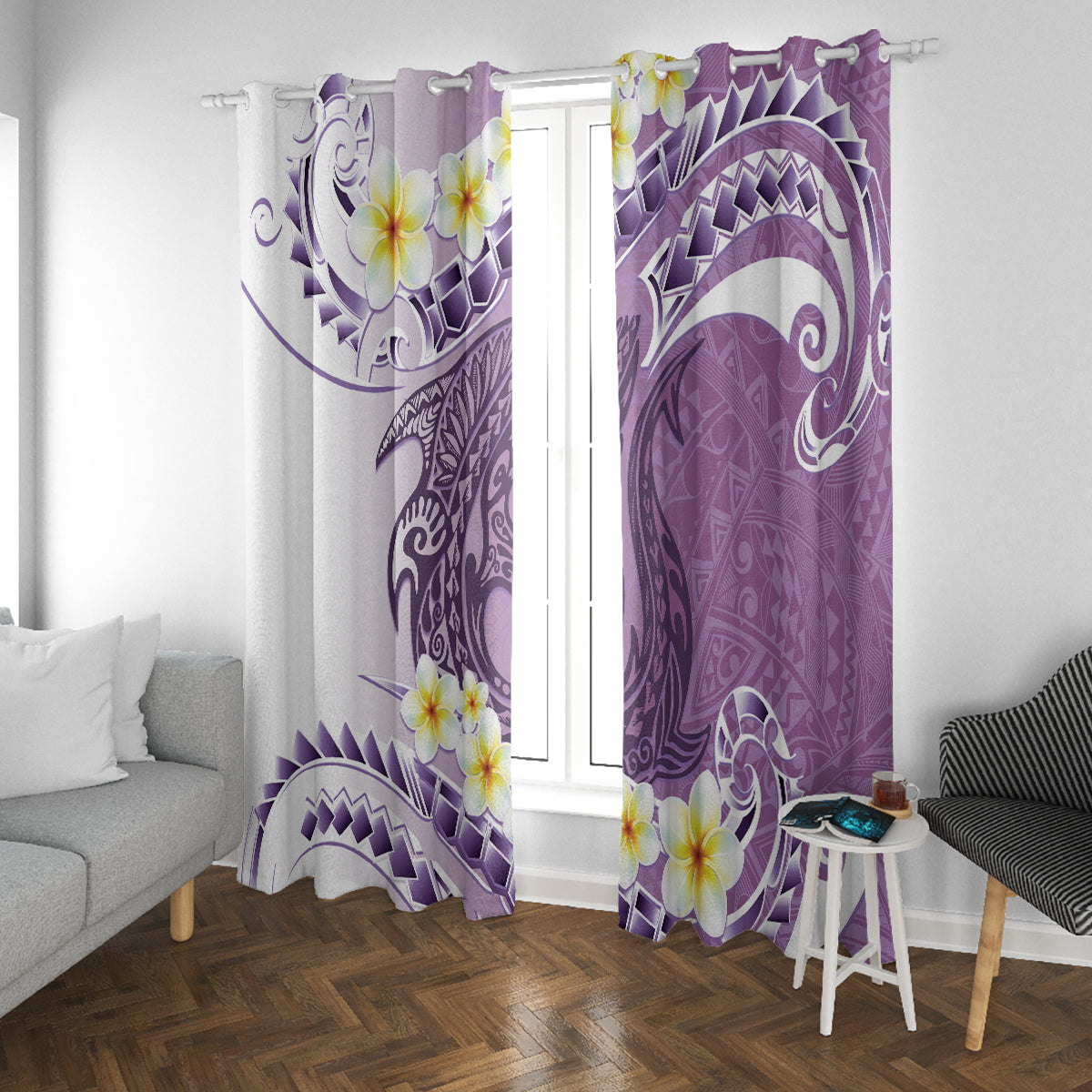 Purple Hawaii Shark Tattoo Window Curtain Frangipani With Polynesian Pastel Version LT14 With Grommets Purple - Polynesian Pride