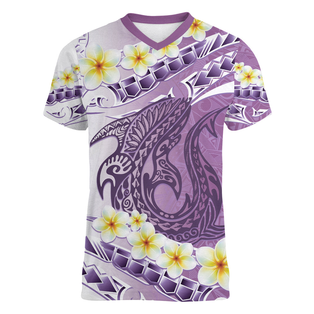 Purple Hawaii Shark Tattoo Women V-Neck T-Shirt Frangipani With Polynesian Pastel Version