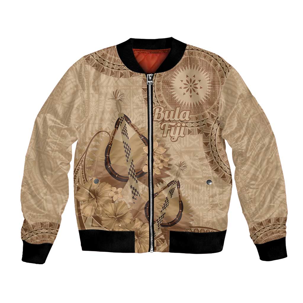 Brown Bula Fiji Bomber Jacket Fijian Dance Fan Tapa Cloth Pattern