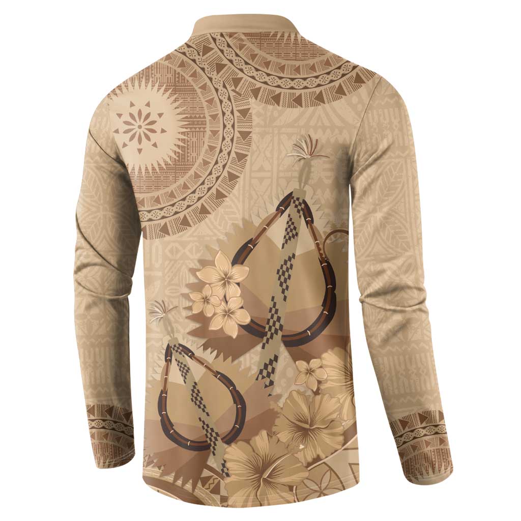 Brown Bula Fiji Button Sweatshirt Fijian Dance Fan Tapa Cloth Pattern