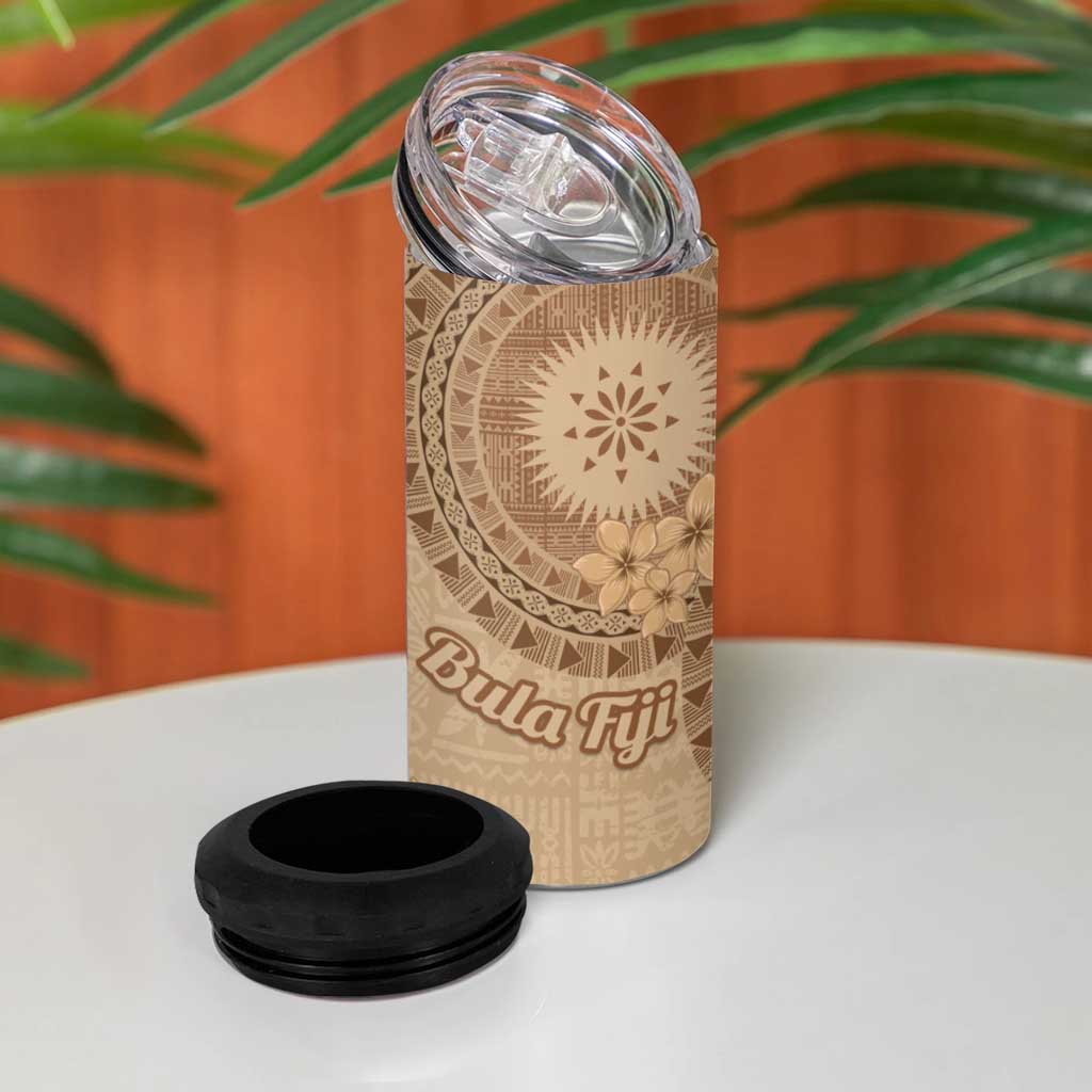 Brown Bula Fiji 4 in 1 Can Cooler Tumbler Fijian Dance Fan Tapa Cloth Pattern