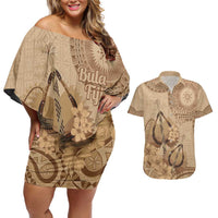 Brown Bula Fiji Couples Matching Off Shoulder Short Dress and Hawaiian Shirt Fijian Dance Fan Tapa Cloth Pattern