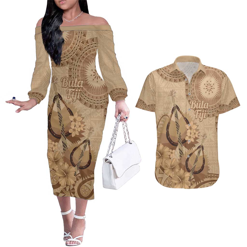 Brown Bula Fiji Couples Matching Off The Shoulder Long Sleeve Dress and Hawaiian Shirt Fijian Dance Fan Tapa Cloth Pattern