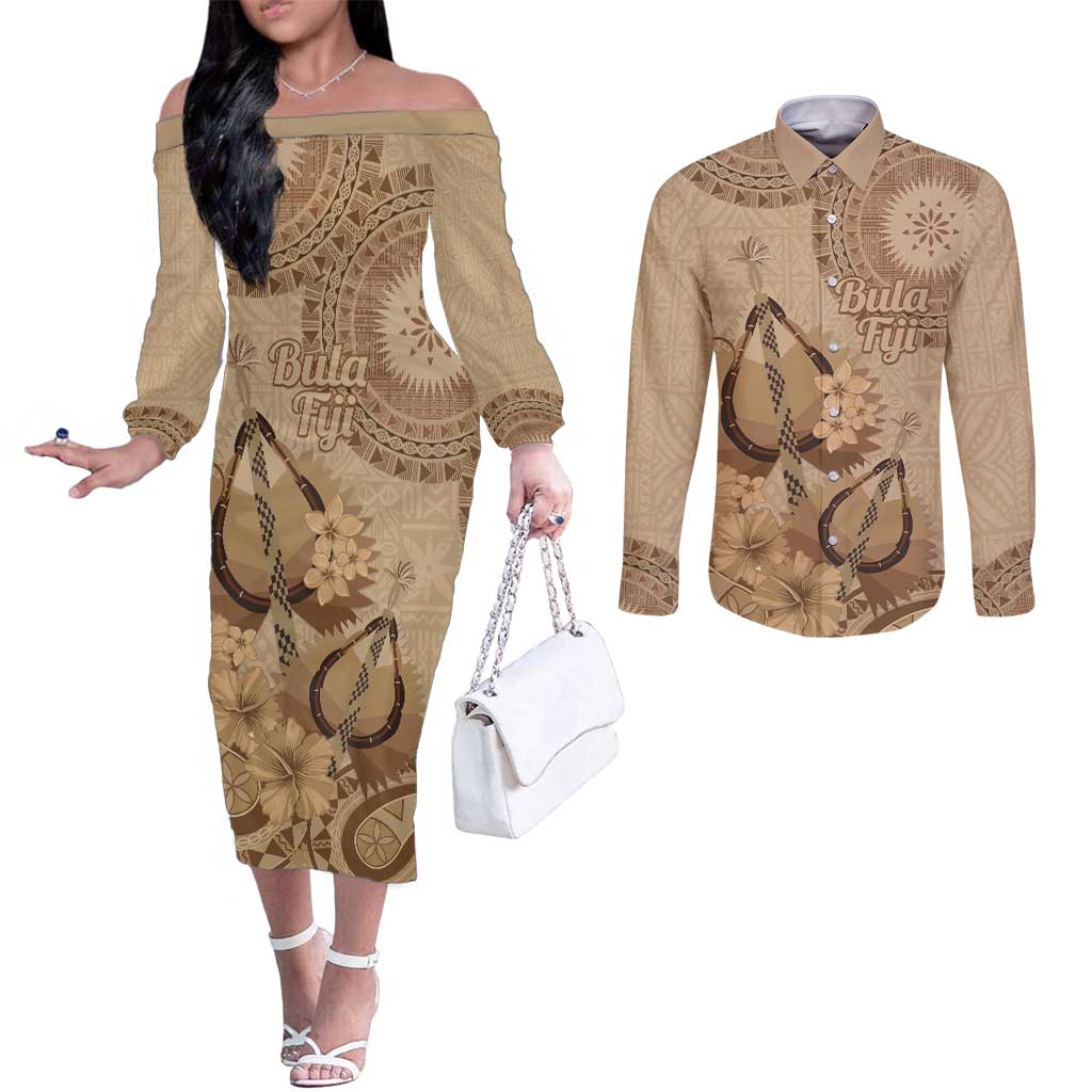 Brown Bula Fiji Couples Matching Off The Shoulder Long Sleeve Dress and Long Sleeve Button Shirt Fijian Dance Fan Tapa Cloth Pattern