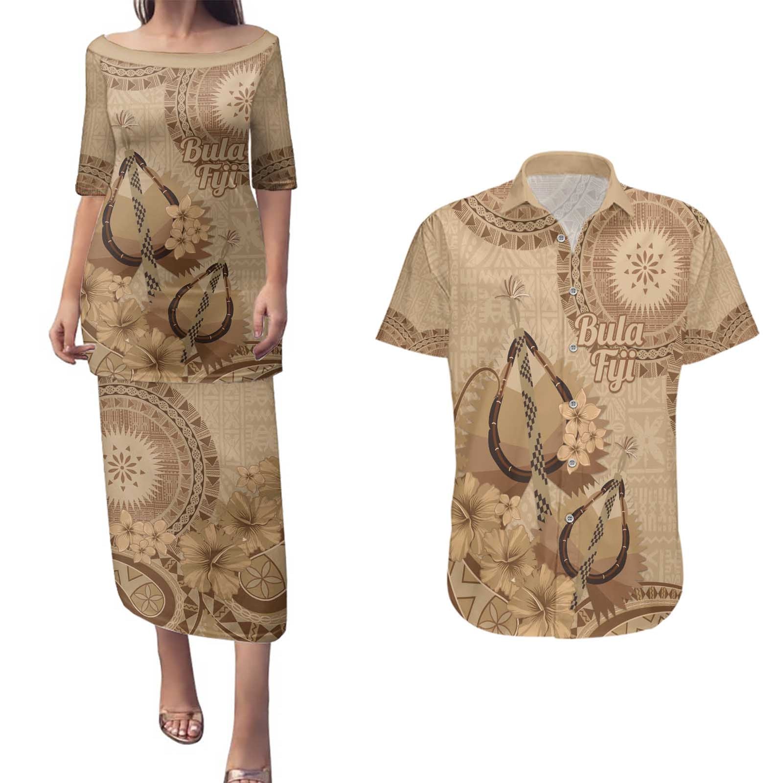 Brown Bula Fiji Couples Matching Puletasi and Hawaiian Shirt Fijian Dance Fan Tapa Cloth Pattern