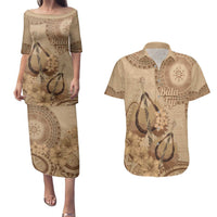 Brown Bula Fiji Couples Matching Puletasi and Hawaiian Shirt Fijian Dance Fan Tapa Cloth Pattern