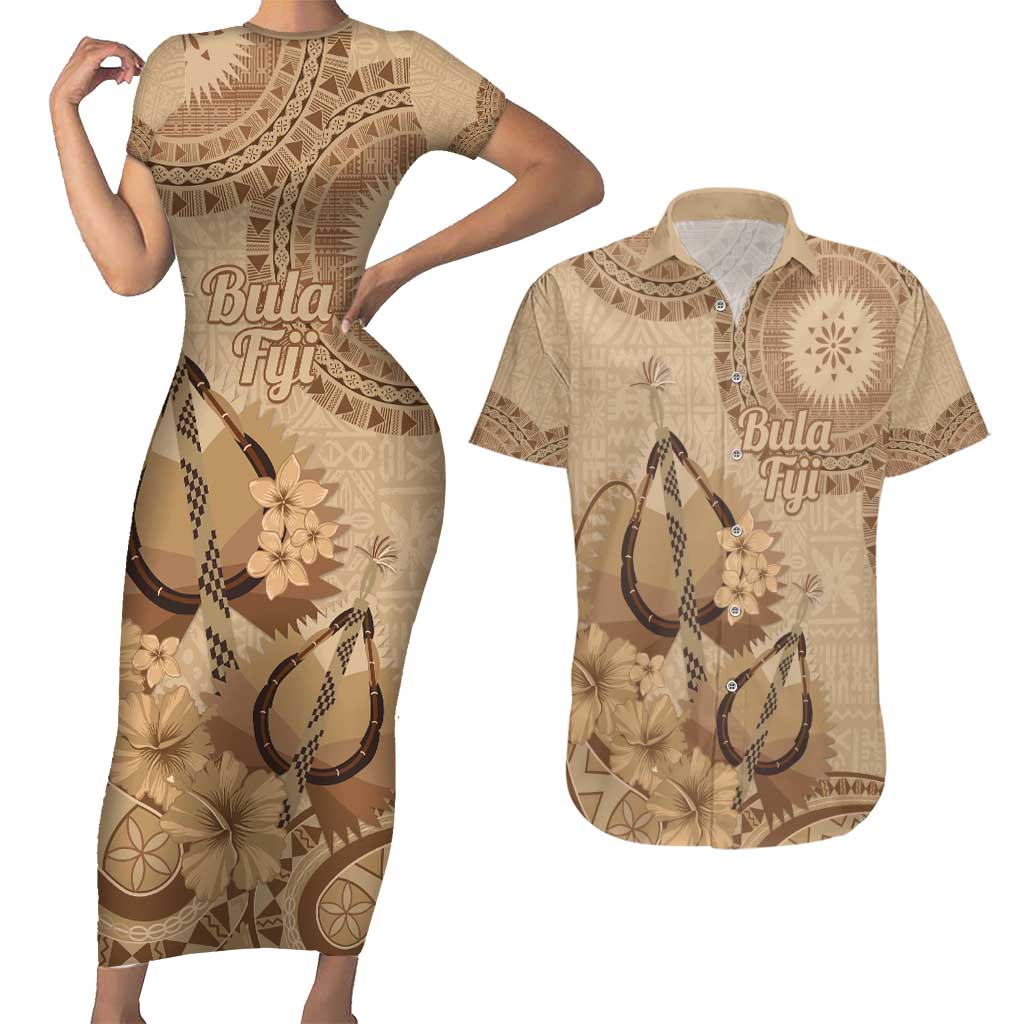 Brown Bula Fiji Couples Matching Short Sleeve Bodycon Dress and Hawaiian Shirt Fijian Dance Fan Tapa Cloth Pattern