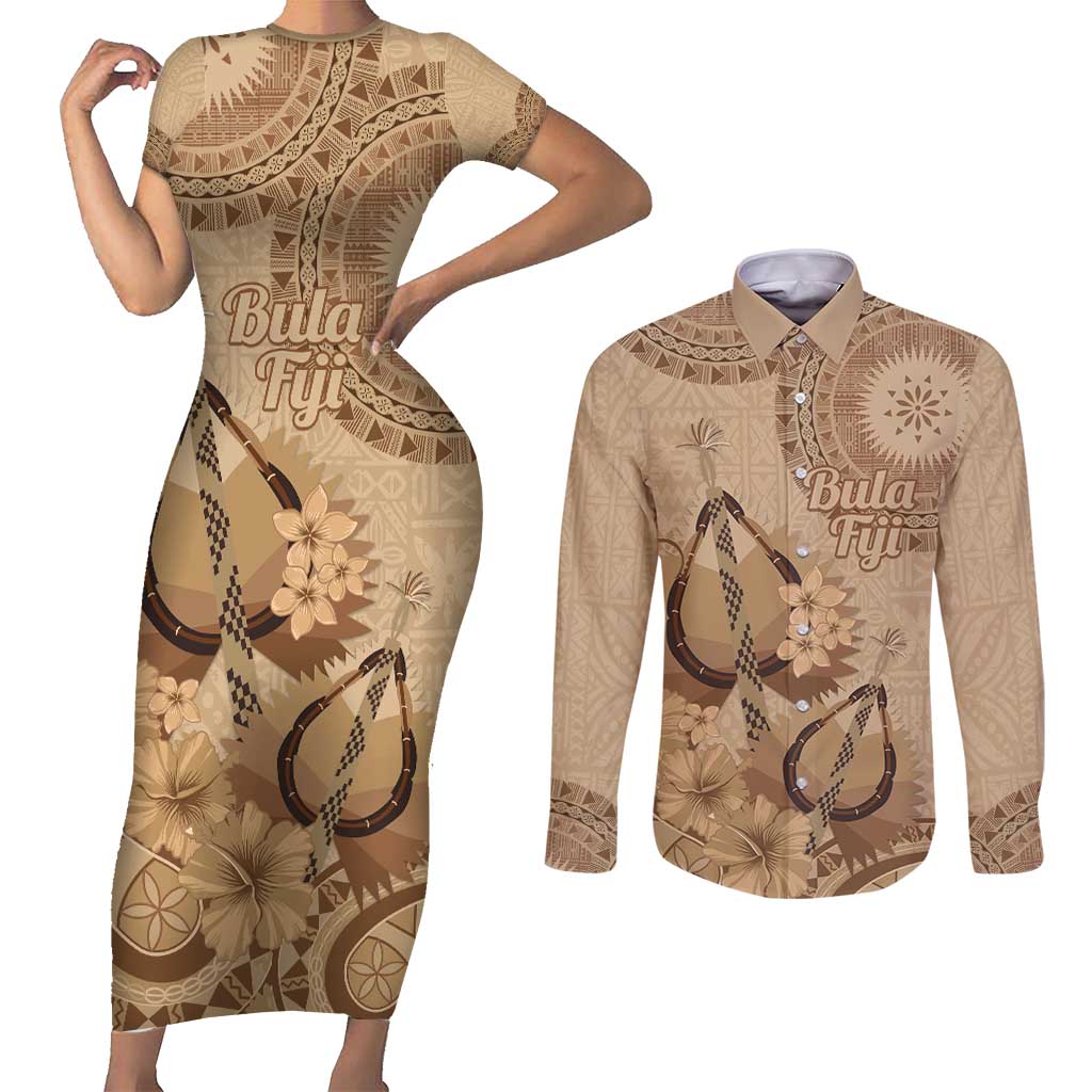 Brown Bula Fiji Couples Matching Short Sleeve Bodycon Dress and Long Sleeve Button Shirt Fijian Dance Fan Tapa Cloth Pattern