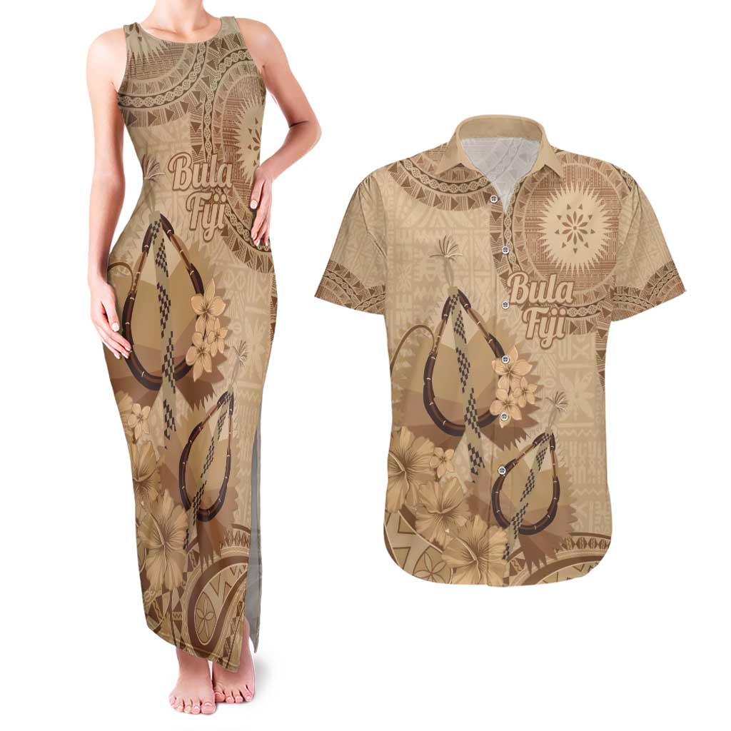 Brown Bula Fiji Couples Matching Tank Maxi Dress and Hawaiian Shirt Fijian Dance Fan Tapa Cloth Pattern