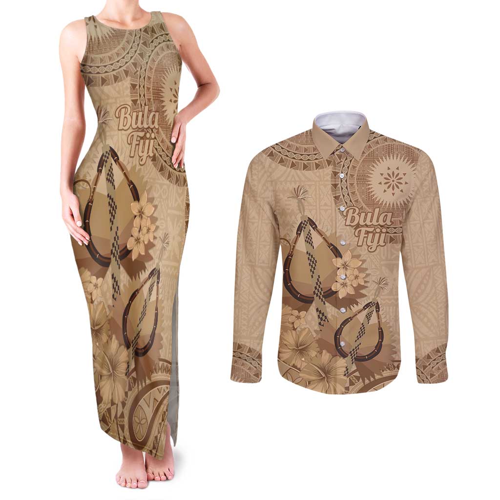 Brown Bula Fiji Couples Matching Tank Maxi Dress and Long Sleeve Button Shirt Fijian Dance Fan Tapa Cloth Pattern