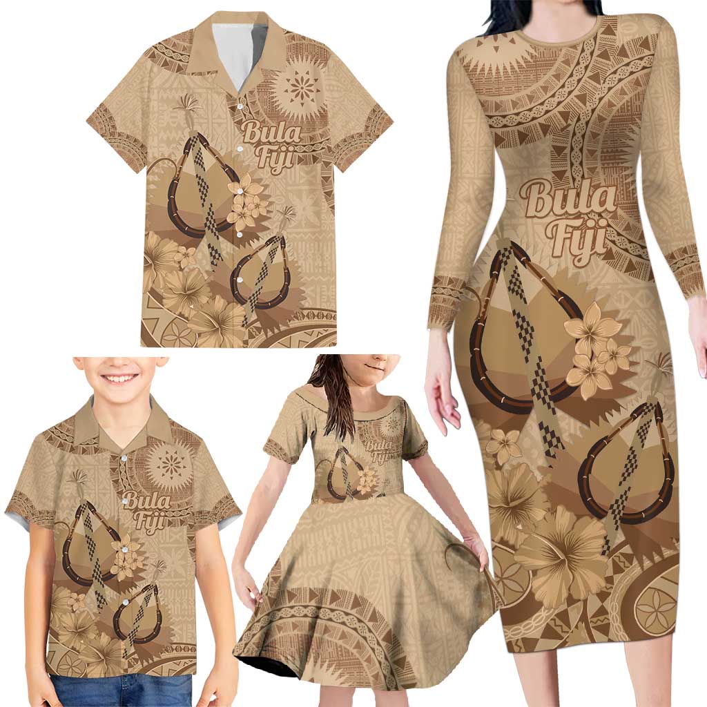 Brown Bula Fiji Family Matching Long Sleeve Bodycon Dress and Hawaiian Shirt Fijian Dance Fan Tapa Cloth Pattern