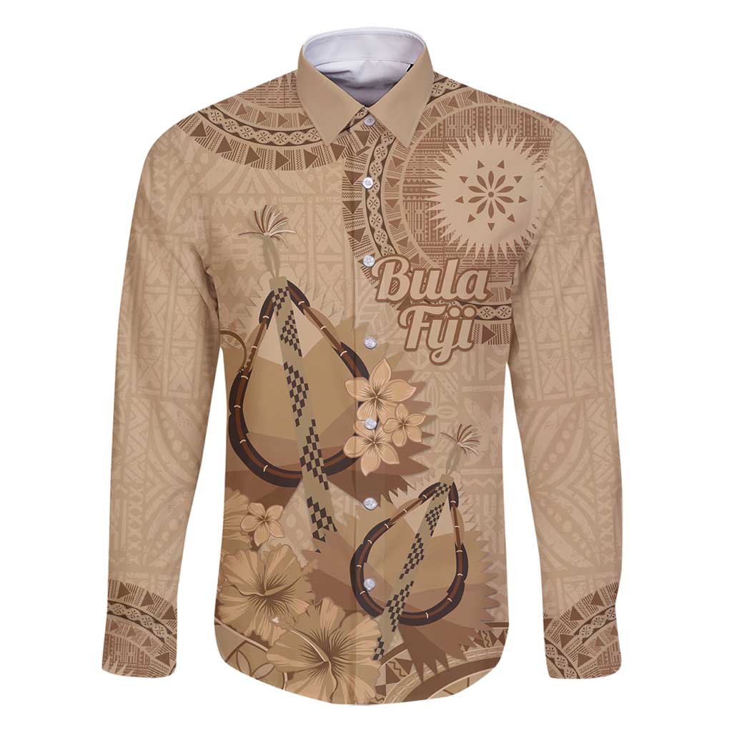 Brown Bula Fiji Family Matching Long Sleeve Bodycon Dress and Hawaiian Shirt Fijian Dance Fan Tapa Cloth Pattern