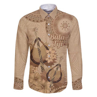 Brown Bula Fiji Family Matching Long Sleeve Bodycon Dress and Hawaiian Shirt Fijian Dance Fan Tapa Cloth Pattern