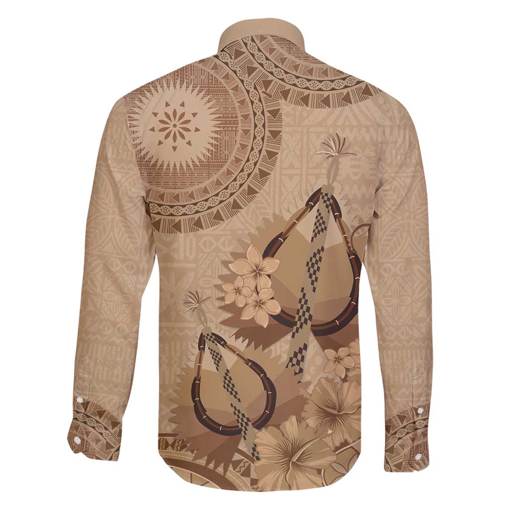 Brown Bula Fiji Family Matching Long Sleeve Bodycon Dress and Hawaiian Shirt Fijian Dance Fan Tapa Cloth Pattern