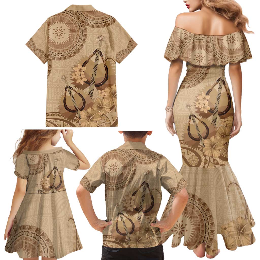 Brown Bula Fiji Family Matching Mermaid Dress and Hawaiian Shirt Fijian Dance Fan Tapa Cloth Pattern