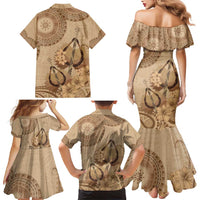 Brown Bula Fiji Family Matching Mermaid Dress and Hawaiian Shirt Fijian Dance Fan Tapa Cloth Pattern