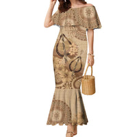 Brown Bula Fiji Family Matching Mermaid Dress and Hawaiian Shirt Fijian Dance Fan Tapa Cloth Pattern