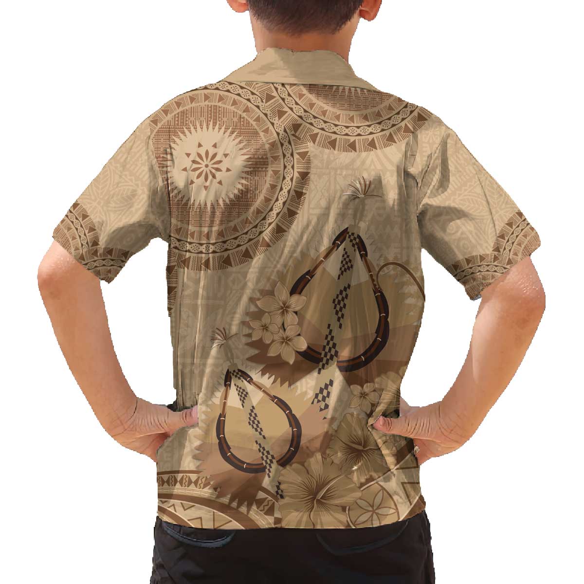 Brown Bula Fiji Family Matching Off The Shoulder Long Sleeve Dress and Hawaiian Shirt Fijian Dance Fan Tapa Cloth Pattern