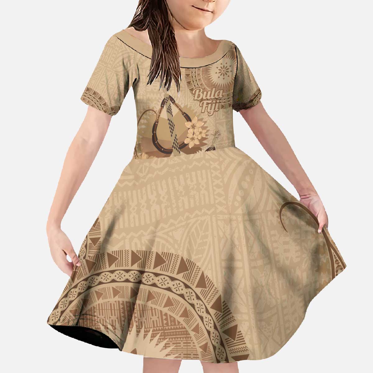 Brown Bula Fiji Family Matching Off The Shoulder Long Sleeve Dress and Hawaiian Shirt Fijian Dance Fan Tapa Cloth Pattern