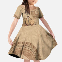 Brown Bula Fiji Family Matching Off The Shoulder Long Sleeve Dress and Hawaiian Shirt Fijian Dance Fan Tapa Cloth Pattern