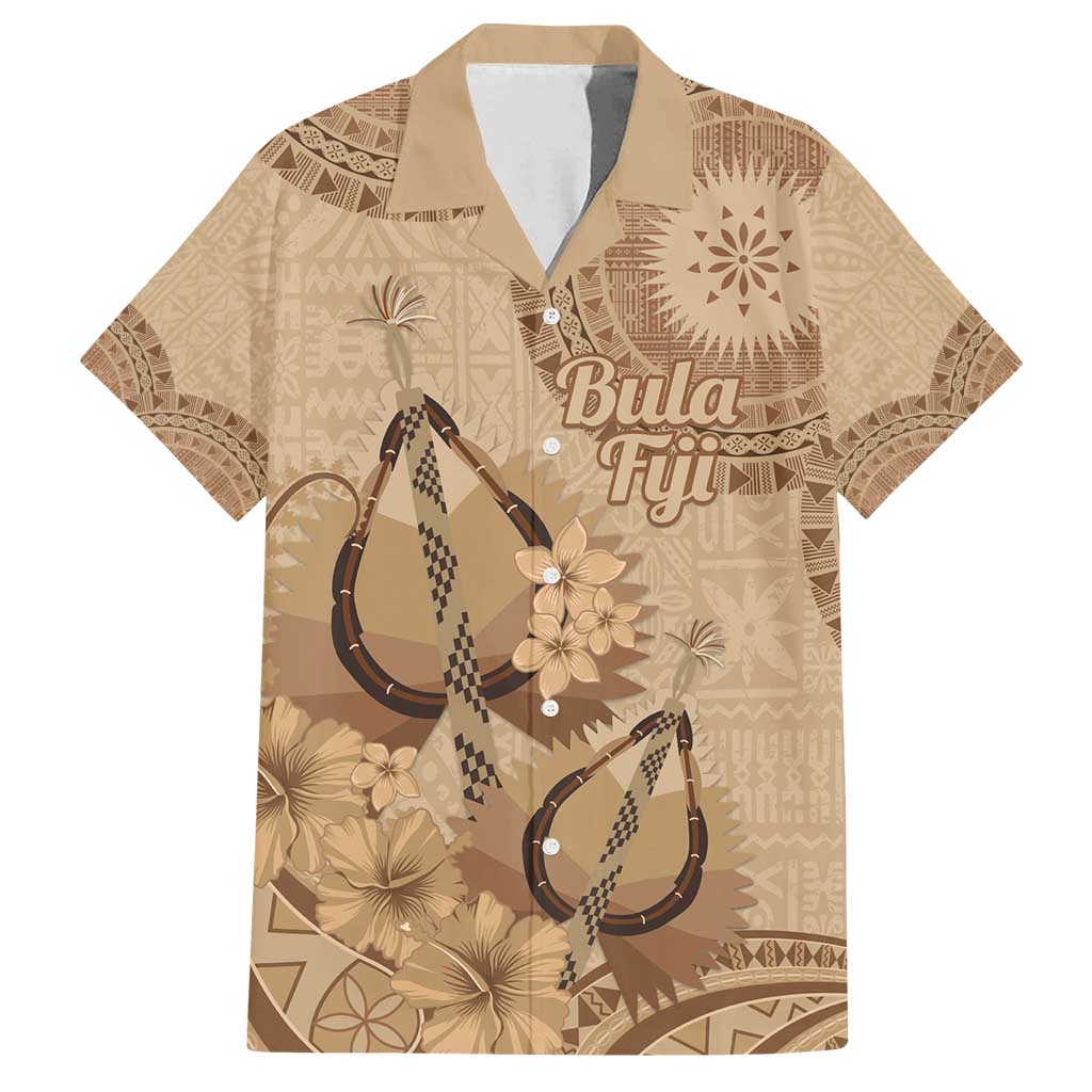 Brown Bula Fiji Family Matching Off Shoulder Maxi Dress and Hawaiian Shirt Fijian Dance Fan Tapa Cloth Pattern
