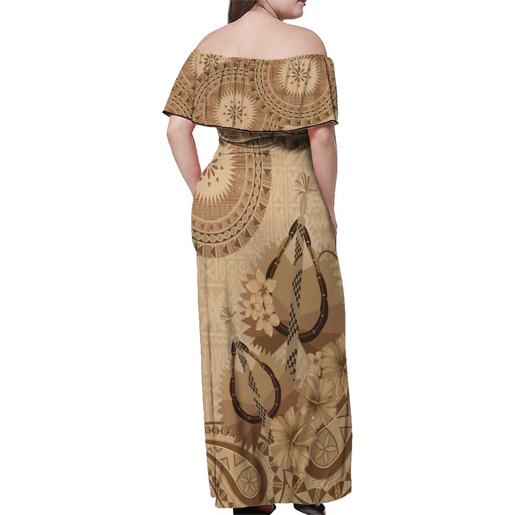Brown Bula Fiji Family Matching Off Shoulder Maxi Dress and Hawaiian Shirt Fijian Dance Fan Tapa Cloth Pattern