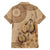 Brown Bula Fiji Family Matching Off Shoulder Short Dress and Hawaiian Shirt Fijian Dance Fan Tapa Cloth Pattern