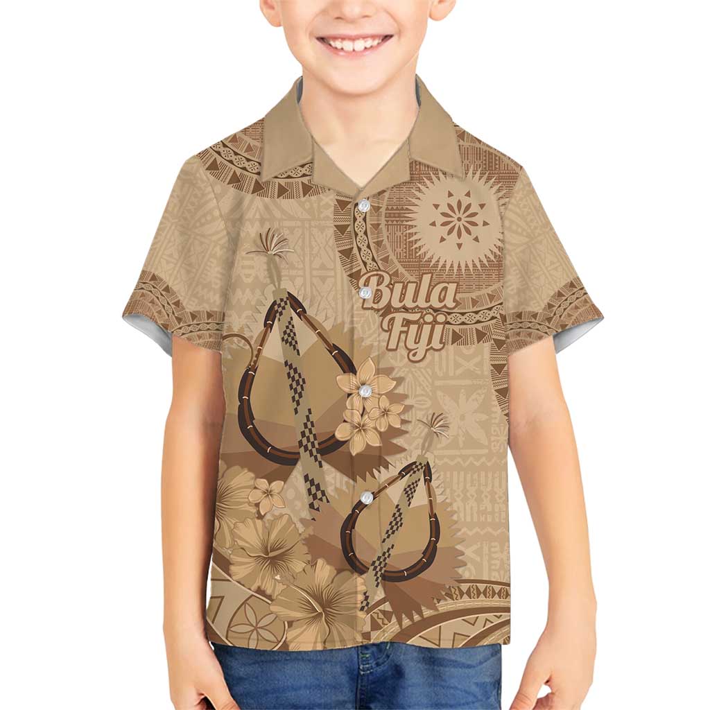 Brown Bula Fiji Family Matching Puletasi and Hawaiian Shirt Fijian Dance Fan Tapa Cloth Pattern