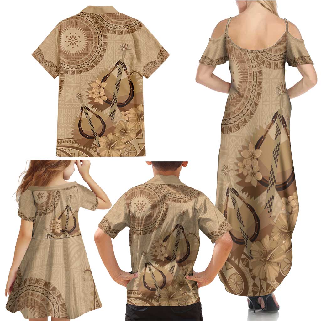 Brown Bula Fiji Family Matching Summer Maxi Dress and Hawaiian Shirt Fijian Dance Fan Tapa Cloth Pattern