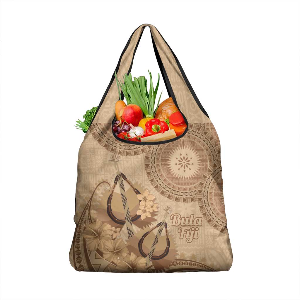 Brown Bula Fiji Grocery Bag Fijian Dance Fan Tapa Cloth Pattern