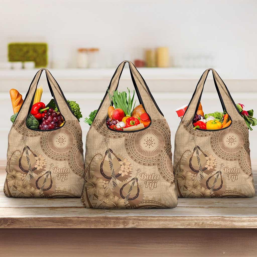 Brown Bula Fiji Grocery Bag Fijian Dance Fan Tapa Cloth Pattern