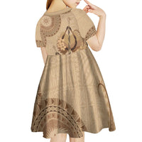 Brown Bula Fiji Kid Short Sleeve Dress Fijian Dance Fan Tapa Cloth Pattern