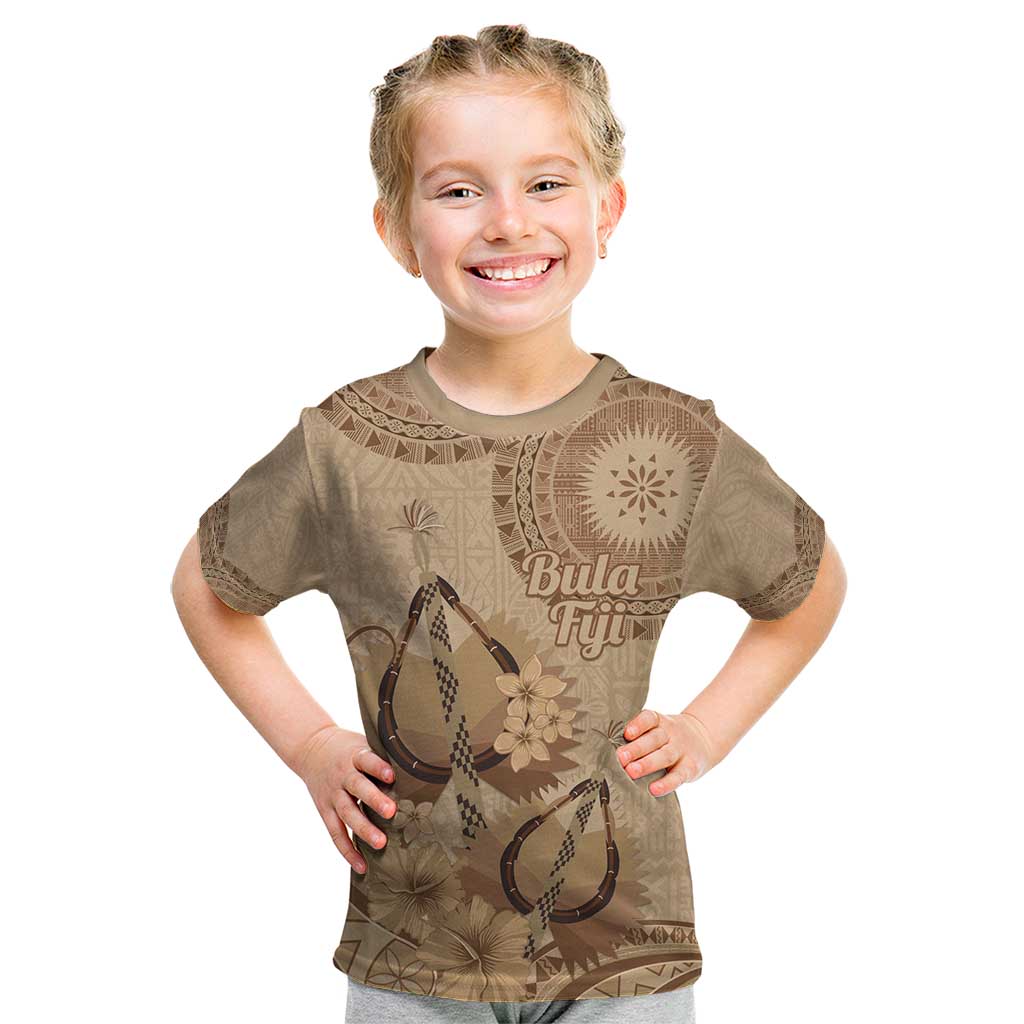 Brown Bula Fiji Kid T Shirt Fijian Dance Fan Tapa Cloth Pattern
