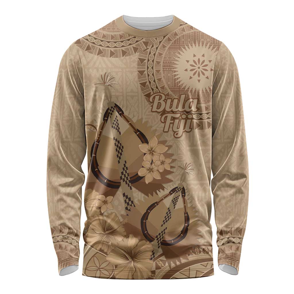 Brown Bula Fiji Long Sleeve Shirt Fijian Dance Fan Tapa Cloth Pattern LT14 Unisex Brown - Polynesian Pride