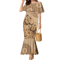 Brown Bula Fiji Mermaid Dress Fijian Dance Fan Tapa Cloth Pattern
