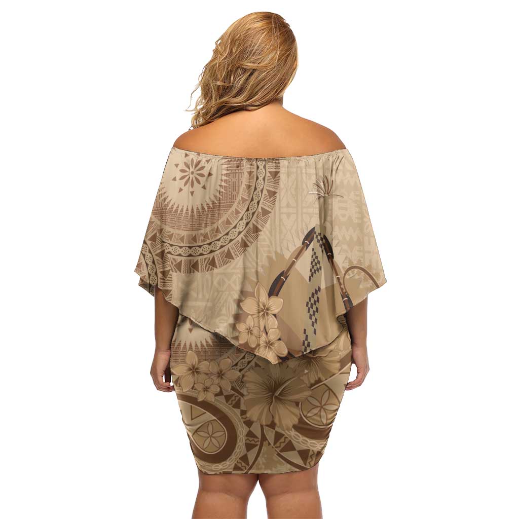 Brown Bula Fiji Off Shoulder Short Dress Fijian Dance Fan Tapa Cloth Pattern