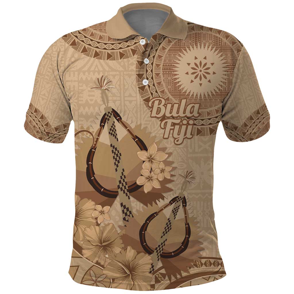 Brown Bula Fiji Polo Shirt Fijian Dance Fan Tapa Cloth Pattern